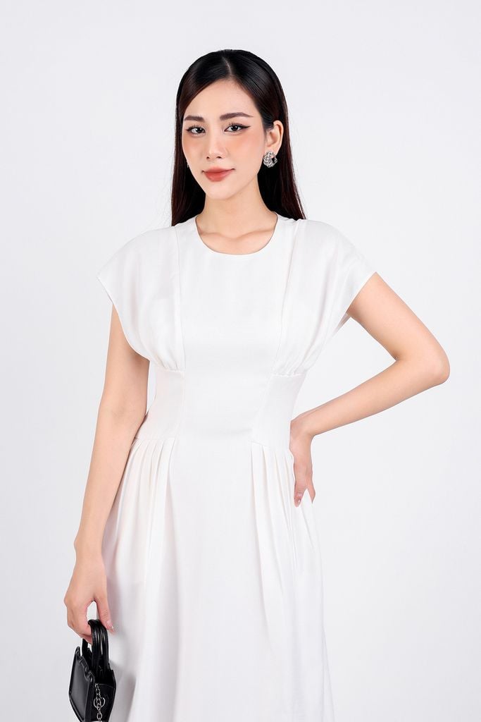 FDC34190 - Đầm công sở vải thô dáng xoè hai lớp lót habutai cổ tròn vai liền eo nhún đáp cạp bản to khoá thân sau - PANTIO