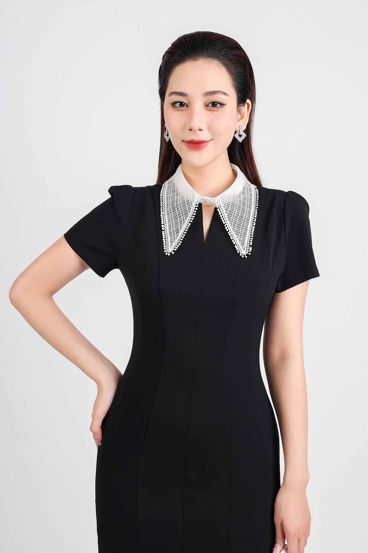 FDC34191 - Đầm công sở vải tuytsi dáng đuôi cá hai lớp lót habutai cổ đức ren lưới tay bồng nhẹ thân váy ôm khoá thân sau - PANTIO