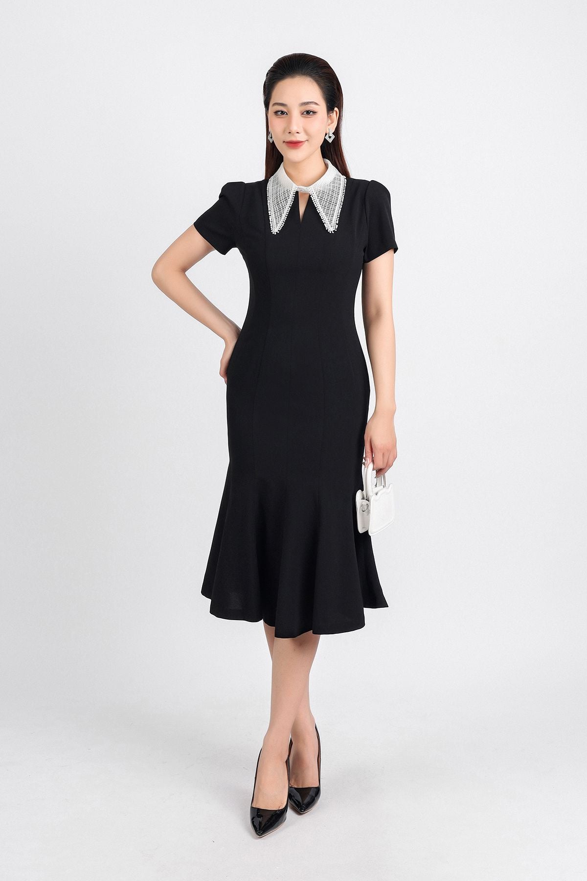 FDC34191 - Đầm công sở vải tuytsi dáng đuôi cá hai lớp lót habutai cổ đức ren lưới tay bồng nhẹ thân váy ôm khoá thân sau - PANTIO