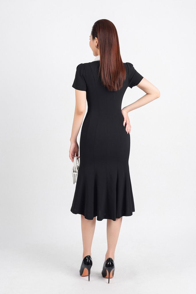 FDC34191 - Đầm công sở vải tuytsi dáng đuôi cá hai lớp lót habutai cổ đức ren lưới tay bồng nhẹ thân váy ôm khoá thân sau - PANTIO