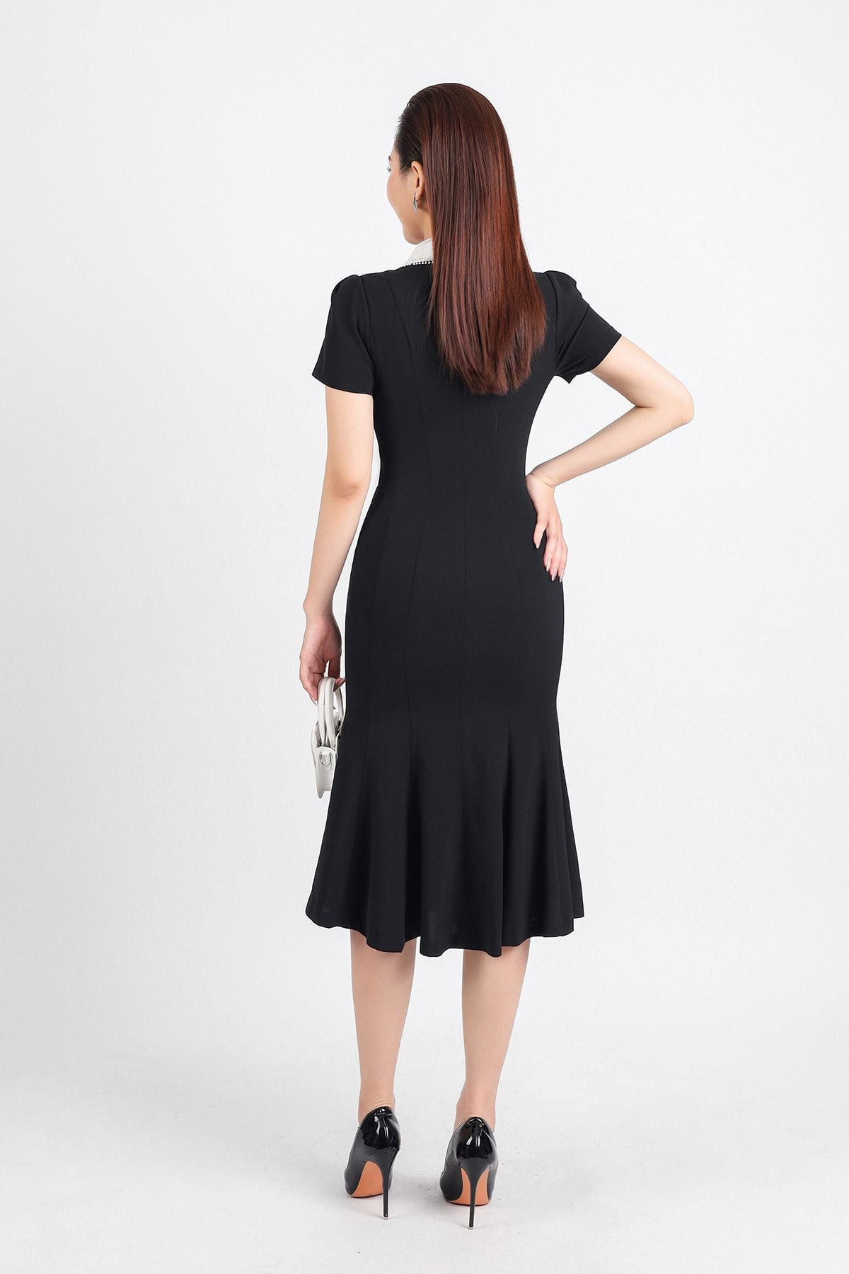 FDC34191 - Đầm công sở vải tuytsi dáng đuôi cá hai lớp lót habutai cổ đức ren lưới tay bồng nhẹ thân váy ôm khoá thân sau - PANTIO