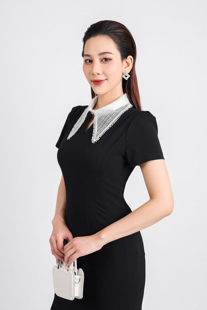 FDC34191 - Đầm công sở vải tuytsi dáng đuôi cá hai lớp lót habutai cổ đức ren lưới tay bồng nhẹ thân váy ôm khoá thân sau - PANTIO