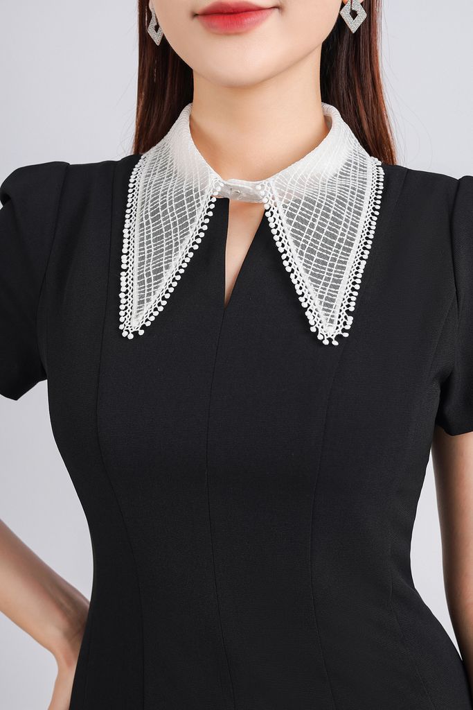 FDC34191 - Đầm công sở vải tuytsi dáng đuôi cá hai lớp lót habutai cổ đức ren lưới tay bồng nhẹ thân váy ôm khoá thân sau - PANTIO