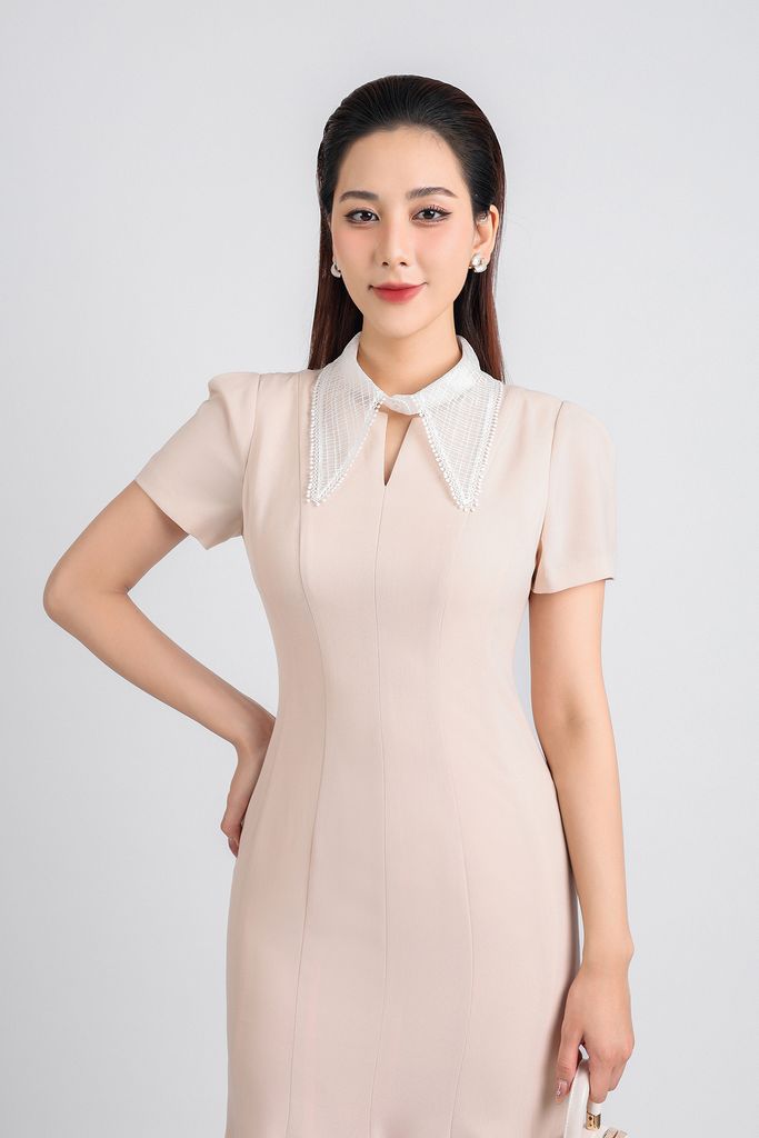 FDC34191 - Đầm công sở vải tuytsi dáng đuôi cá hai lớp lót habutai cổ đức ren lưới tay bồng nhẹ thân váy ôm khoá thân sau - PANTIO