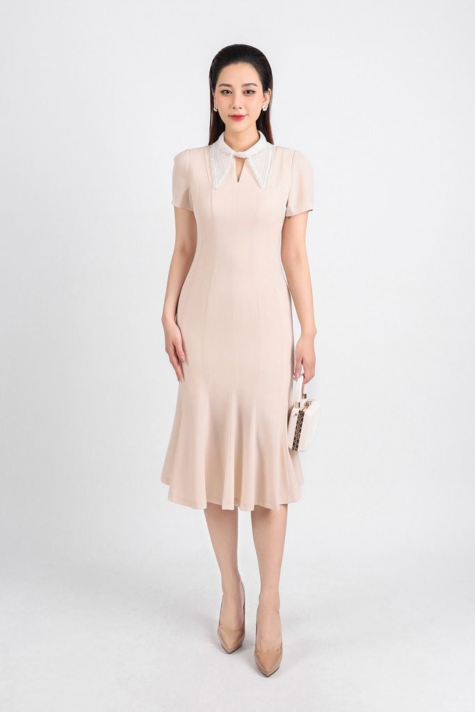 FDC34191 - Đầm công sở vải tuytsi dáng đuôi cá hai lớp lót habutai cổ đức ren lưới tay bồng nhẹ thân váy ôm khoá thân sau - PANTIO