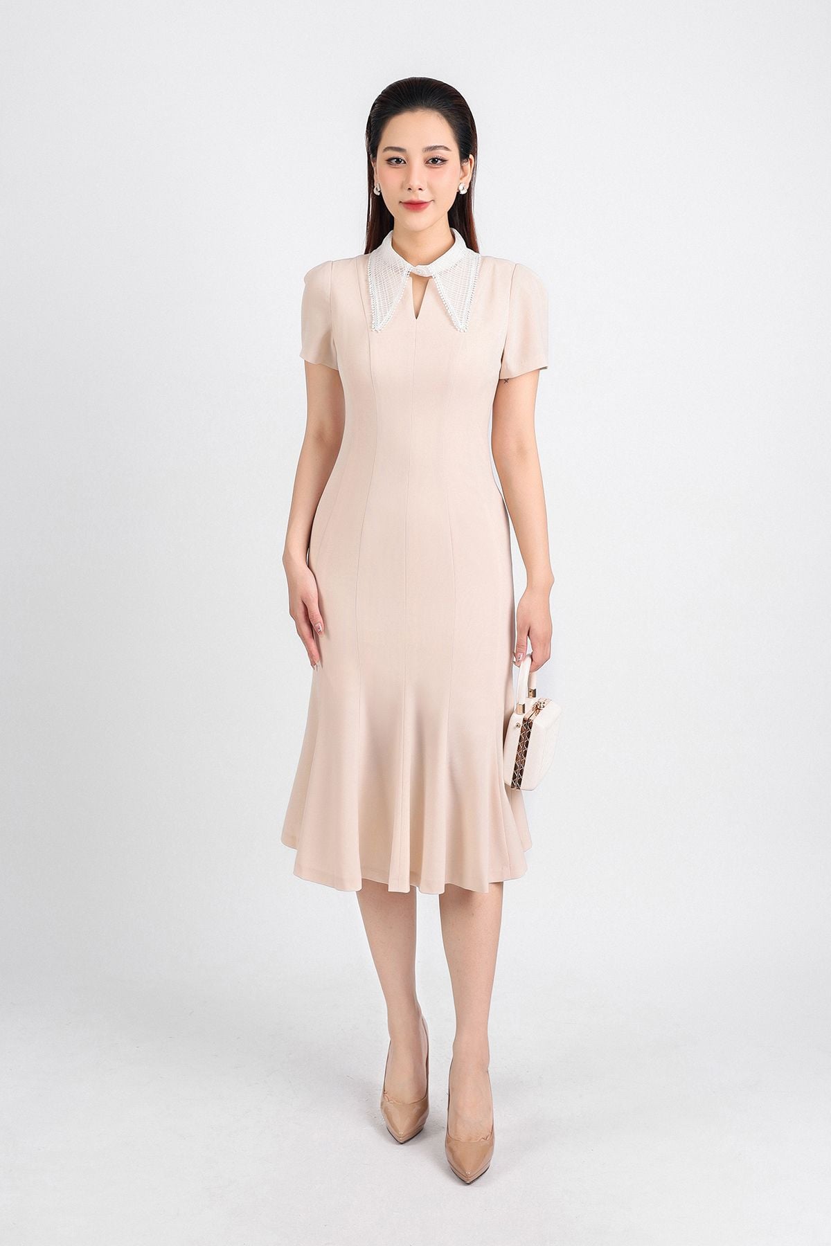 FDC34191 - Đầm công sở vải tuytsi dáng đuôi cá hai lớp lót habutai cổ đức ren lưới tay bồng nhẹ thân váy ôm khoá thân sau - PANTIO