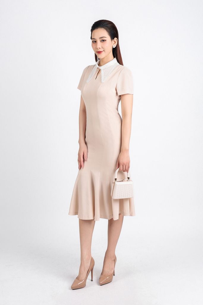 FDC34191 - Đầm công sở vải tuytsi dáng đuôi cá hai lớp lót habutai cổ đức ren lưới tay bồng nhẹ thân váy ôm khoá thân sau - PANTIO