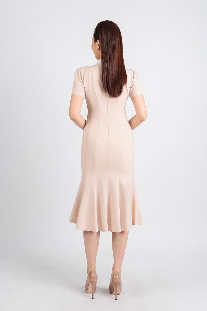 FDC34191 - Đầm công sở vải tuytsi dáng đuôi cá hai lớp lót habutai cổ đức ren lưới tay bồng nhẹ thân váy ôm khoá thân sau - PANTIO