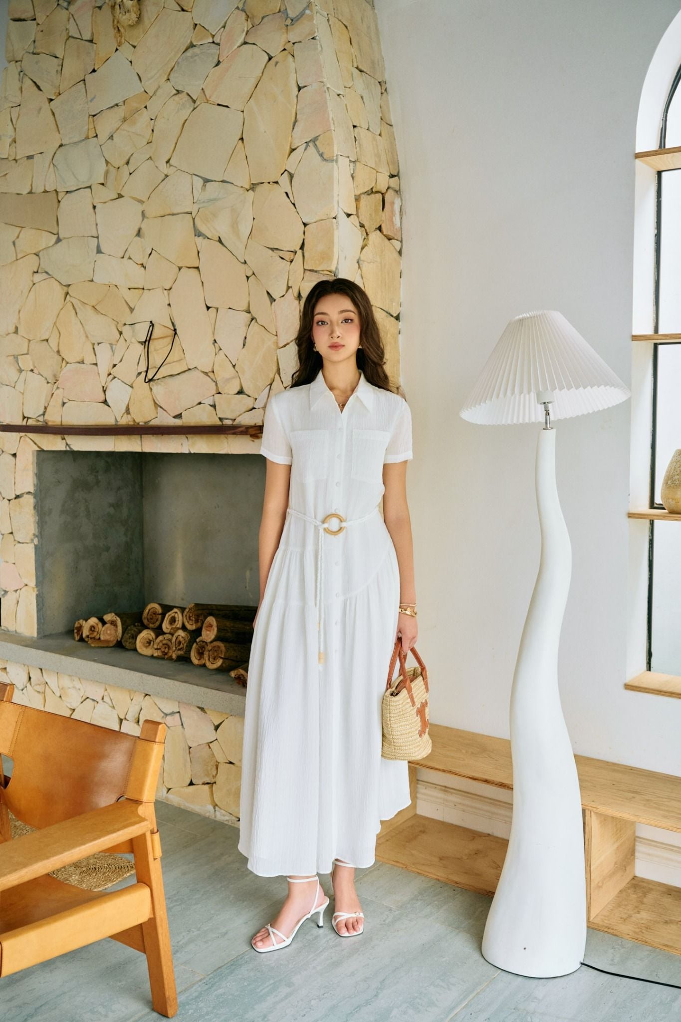 FDC34192 - Đầm công sở vải chiffon xốp dáng suông cổ đức tay ngắn thân váy xếp nhún tạo xoè cài khuy thân trước - PANTIO