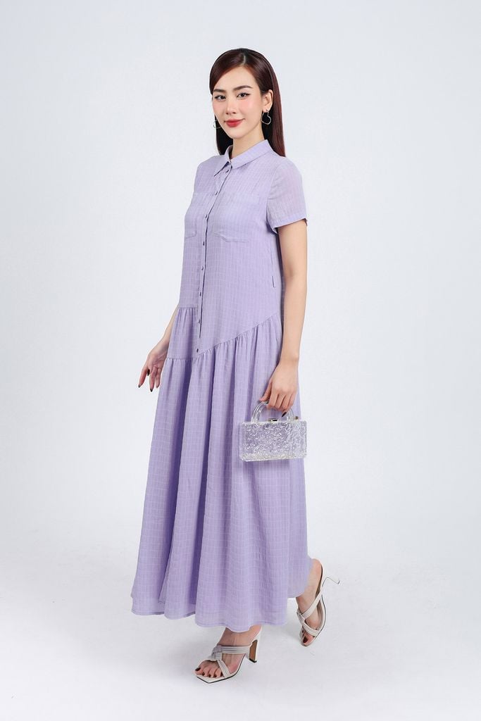 FDC34192 - Đầm công sở vải chiffon xốp dáng suông cổ đức tay ngắn thân váy xếp nhún tạo xoè cài khuy thân trước - PANTIO