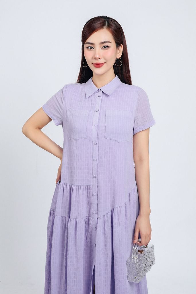 FDC34192 - Đầm công sở vải chiffon xốp dáng suông cổ đức tay ngắn thân váy xếp nhún tạo xoè cài khuy thân trước - PANTIO