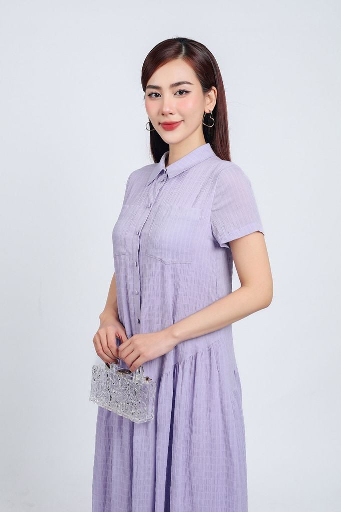 FDC34192 - Đầm công sở vải chiffon xốp dáng suông cổ đức tay ngắn thân váy xếp nhún tạo xoè cài khuy thân trước - PANTIO
