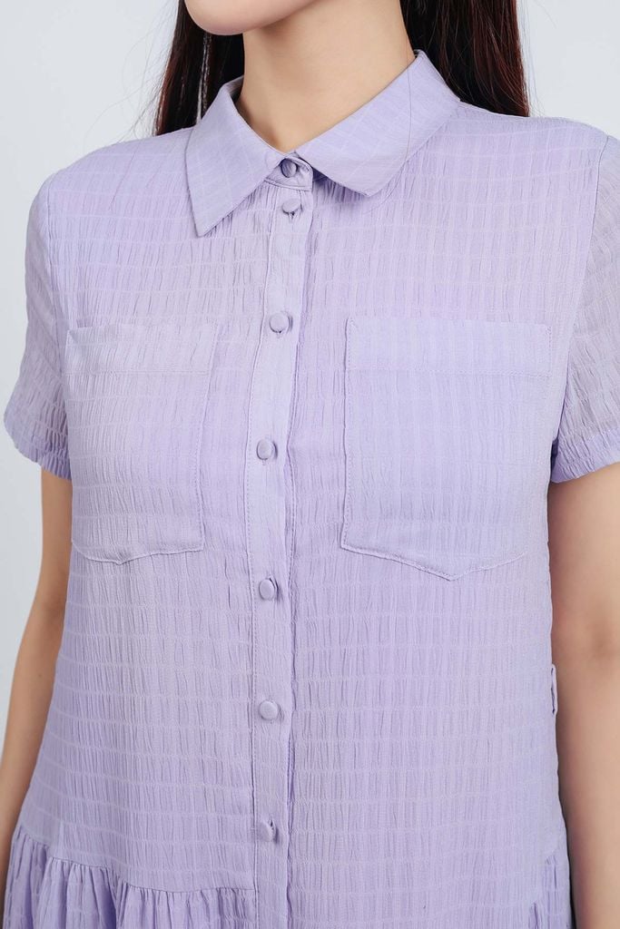 FDC34192 - Đầm công sở vải chiffon xốp dáng suông cổ đức tay ngắn thân váy xếp nhún tạo xoè cài khuy thân trước - PANTIO