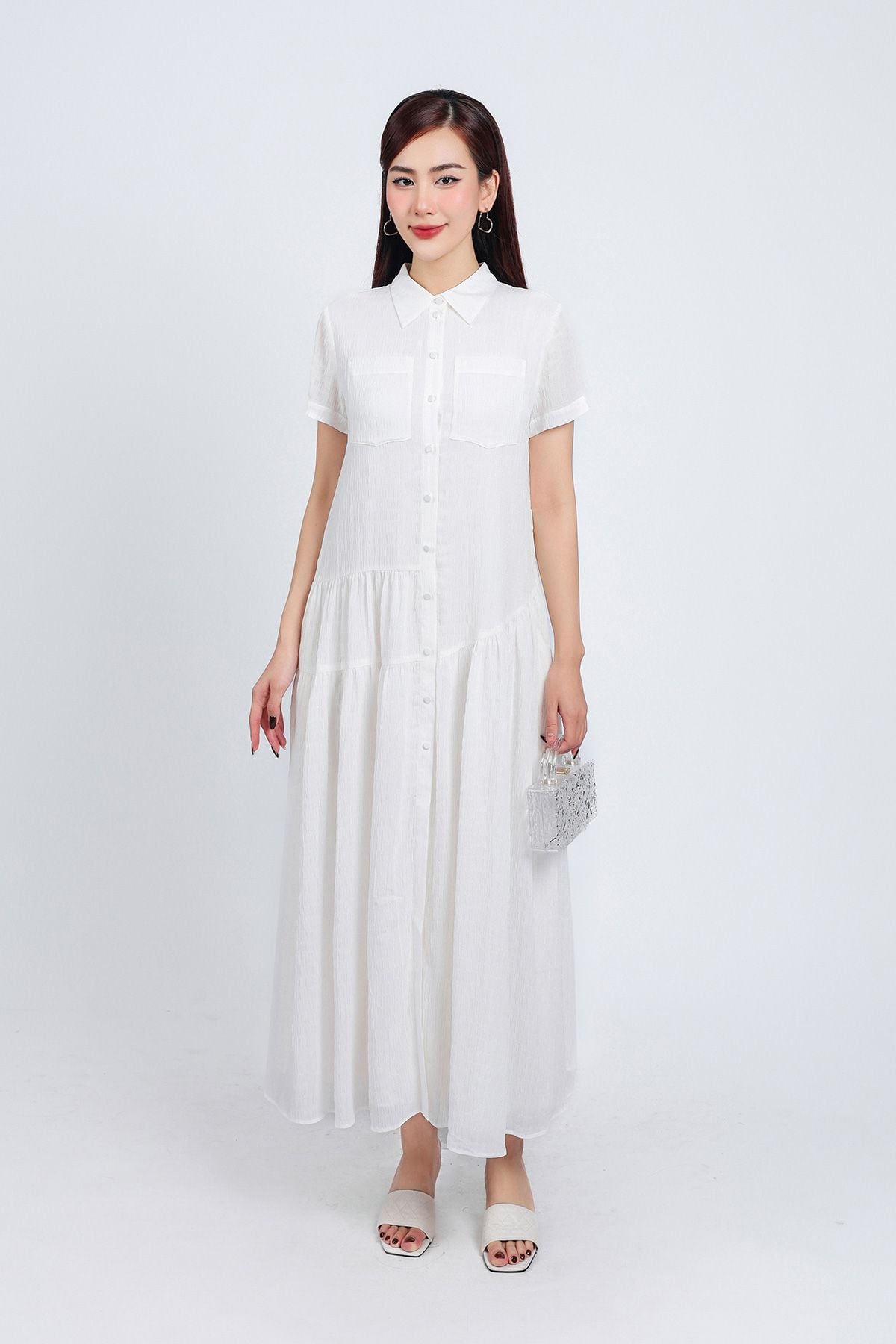 FDC34192 - Đầm công sở vải chiffon xốp dáng suông cổ đức tay ngắn thân váy xếp nhún tạo xoè cài khuy thân trước - PANTIO