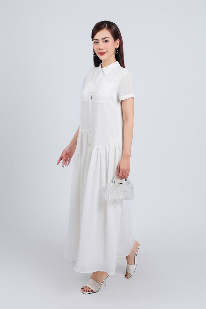 FDC34192 - Đầm công sở vải chiffon xốp dáng suông cổ đức tay ngắn thân váy xếp nhún tạo xoè cài khuy thân trước - PANTIO