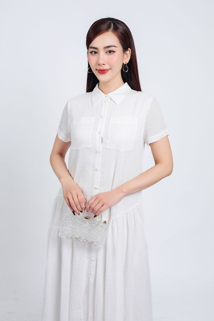 FDC34192 - Đầm công sở vải chiffon xốp dáng suông cổ đức tay ngắn thân váy xếp nhún tạo xoè cài khuy thân trước - PANTIO