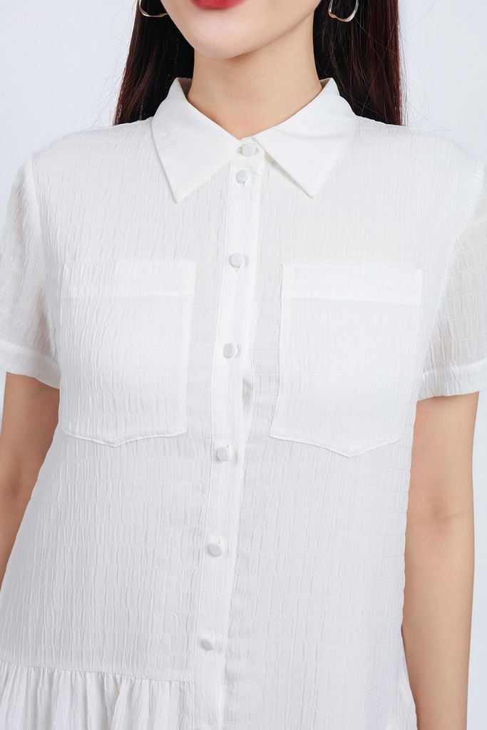 FDC34192 - Đầm công sở vải chiffon xốp dáng suông cổ đức tay ngắn thân váy xếp nhún tạo xoè cài khuy thân trước - PANTIO