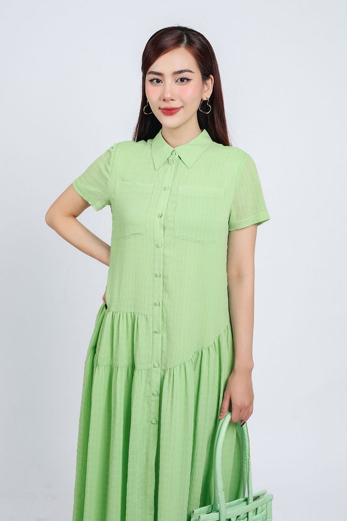 FDC34192 - Đầm công sở vải chiffon xốp dáng suông cổ đức tay ngắn thân váy xếp nhún tạo xoè cài khuy thân trước - PANTIO