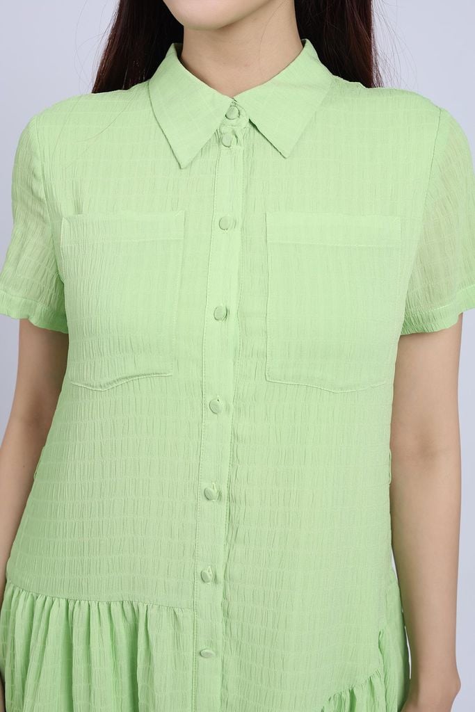 FDC34192 - Đầm công sở vải chiffon xốp dáng suông cổ đức tay ngắn thân váy xếp nhún tạo xoè cài khuy thân trước - PANTIO