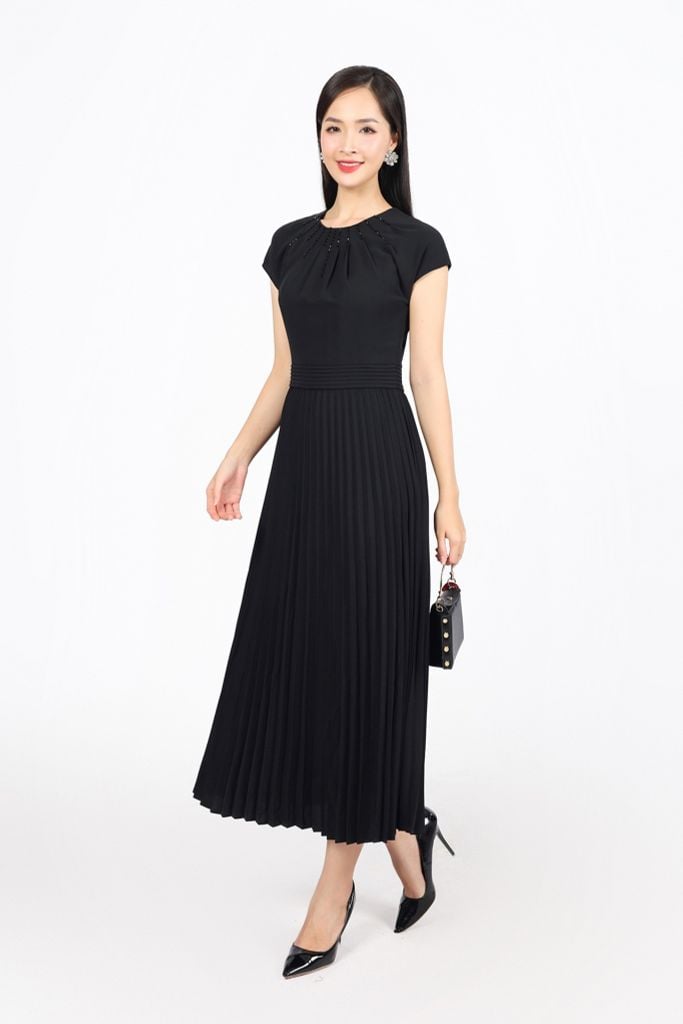FDC34195 - Đầm công sở vải tuytsi dáng suông cổ tròn xếp nhún đính đá thời trang thân váy xếp ly khóa thân sau - PANTIO