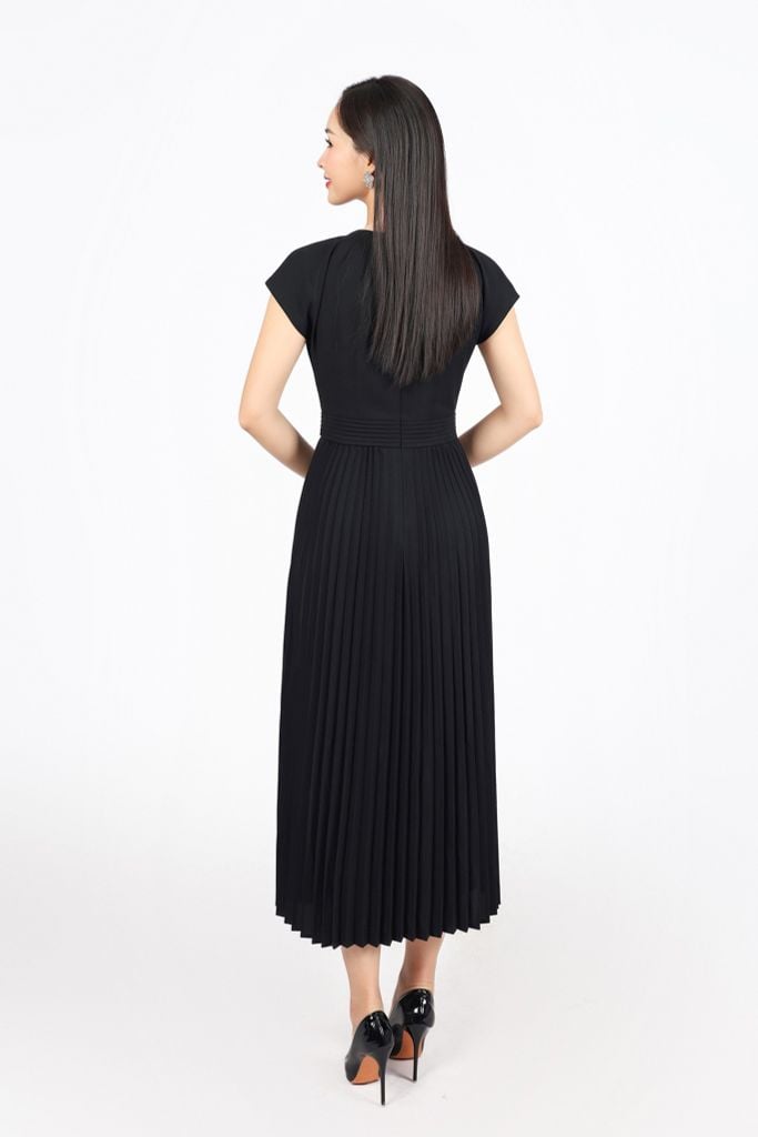 FDC34195 - Đầm công sở vải tuytsi dáng suông cổ tròn xếp nhún đính đá thời trang thân váy xếp ly khóa thân sau - PANTIO