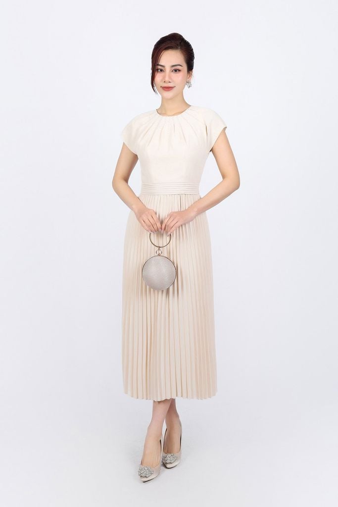 FDC34195 - Đầm công sở vải tuytsi dáng suông cổ tròn xếp nhún đính đá thời trang thân váy xếp ly khóa thân sau - PANTIO