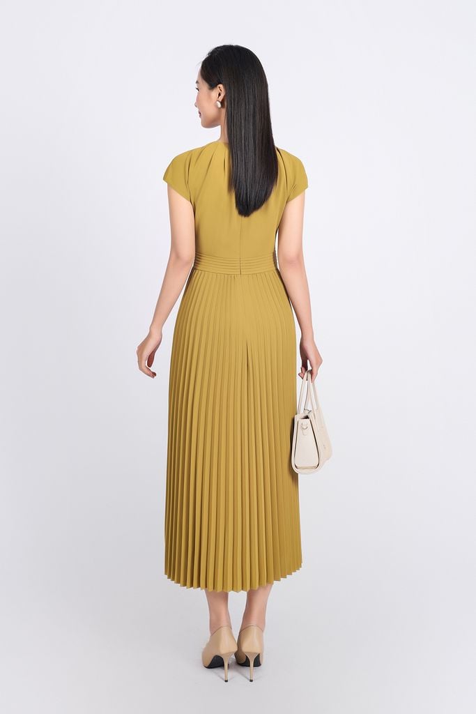 FDC34195 - Đầm công sở vải tuytsi dáng suông cổ tròn xếp nhún đính đá thời trang thân váy xếp ly khóa thân sau - PANTIO