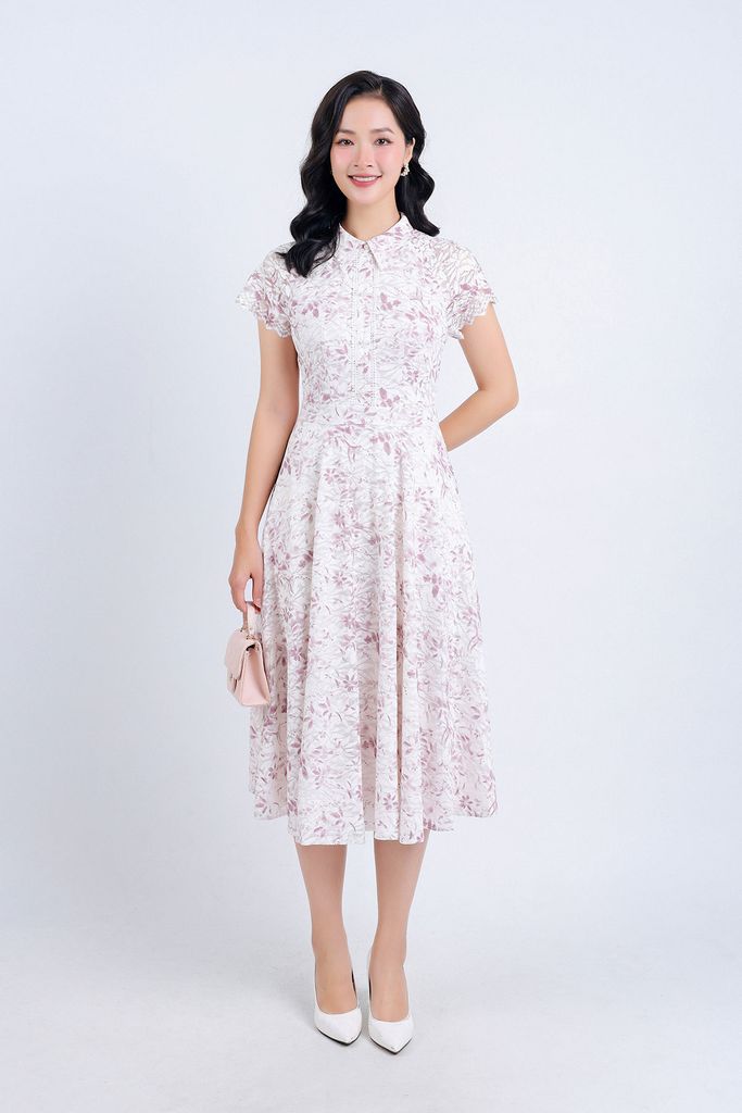 FDC34197 - Đầm công sở vải ren hoa hai lớp lót habutai dáng suông cổ đức thân váy phối ren đính ngọc trang trí khoá thân sau - PANTIO