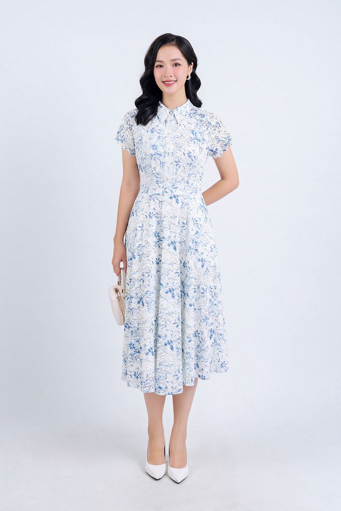 FDC34197 - Đầm công sở vải ren hoa hai lớp lót habutai dáng suông cổ đức thân váy phối ren đính ngọc trang trí khoá thân sau - PANTIO