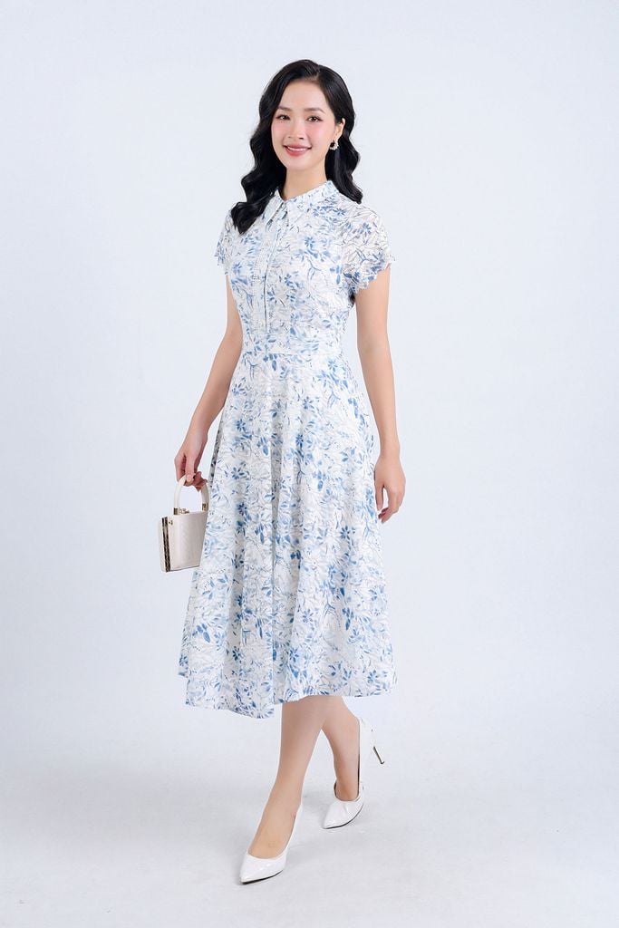 FDC34197 - Đầm công sở vải ren hoa hai lớp lót habutai dáng suông cổ đức thân váy phối ren đính ngọc trang trí khoá thân sau - PANTIO