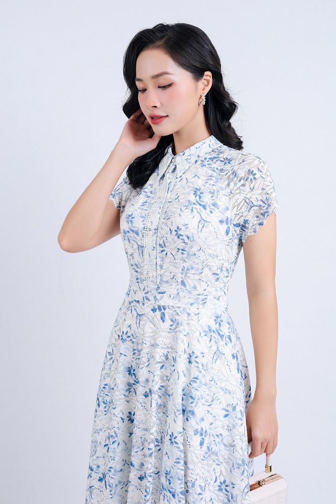 FDC34197 - Đầm công sở vải ren hoa hai lớp lót habutai dáng suông cổ đức thân váy phối ren đính ngọc trang trí khoá thân sau - PANTIO