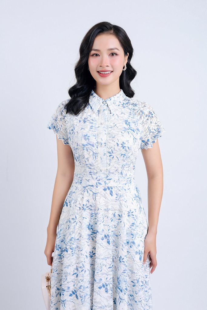 FDC34197 - Đầm công sở vải ren hoa hai lớp lót habutai dáng suông cổ đức thân váy phối ren đính ngọc trang trí khoá thân sau - PANTIO