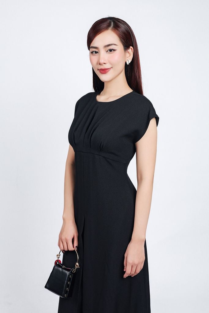 FDC35002 - Đầm công sở vải thô dáng suông cổ tròn vai chờm chiết eo khoá thân sau - PANTIO