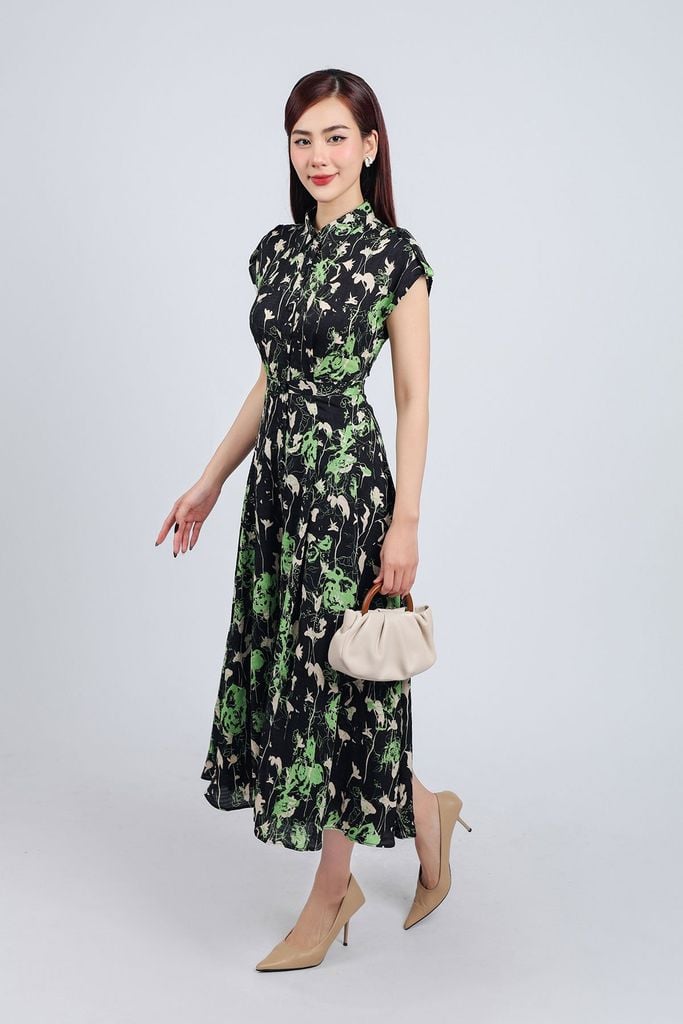 FDC35003 - Đầm công sở vải phi cát dáng suông cổ đức vai chờm cài khuy thân trước - PANTIO