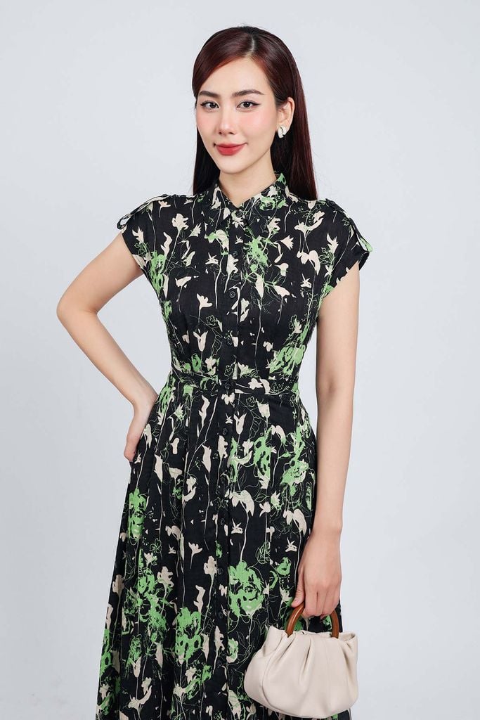 FDC35003 - Đầm công sở vải phi cát dáng suông cổ đức vai chờm cài khuy thân trước - PANTIO