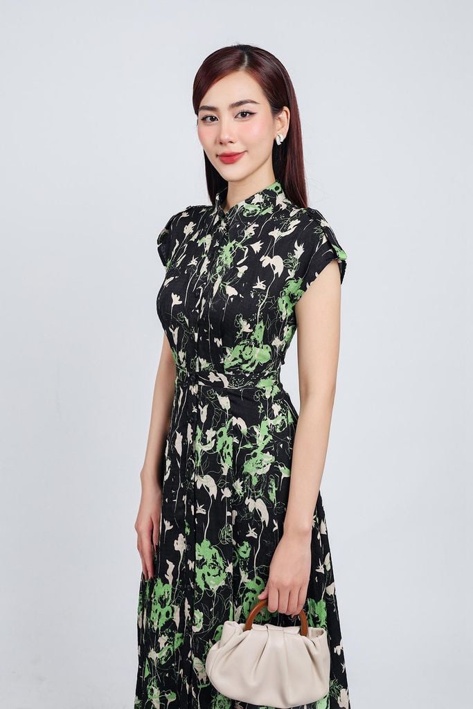 FDC35003 - Đầm công sở vải phi cát dáng suông cổ đức vai chờm cài khuy thân trước - PANTIO