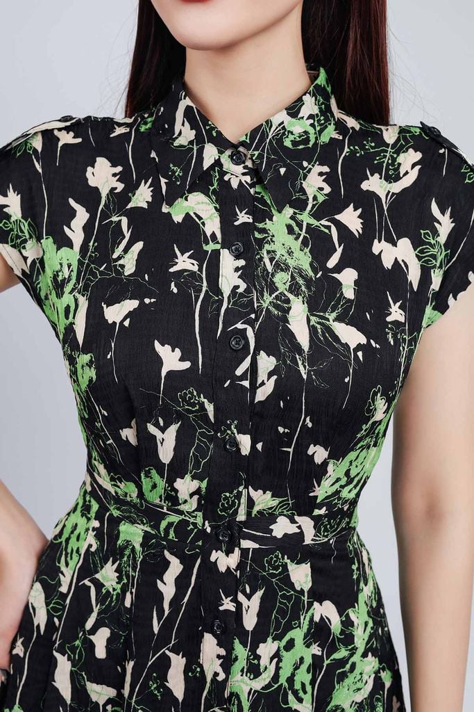 FDC35003 - Đầm công sở vải phi cát dáng suông cổ đức vai chờm cài khuy thân trước - PANTIO