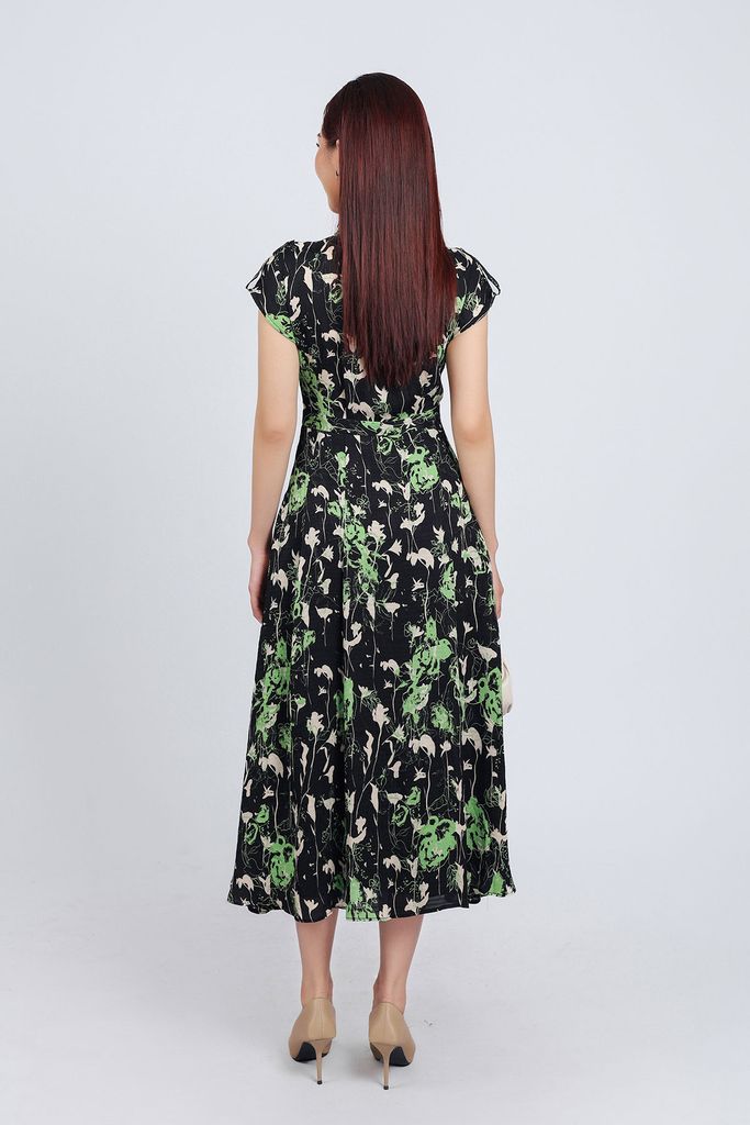 FDC35003 - Đầm công sở vải phi cát dáng suông cổ đức vai chờm cài khuy thân trước - PANTIO