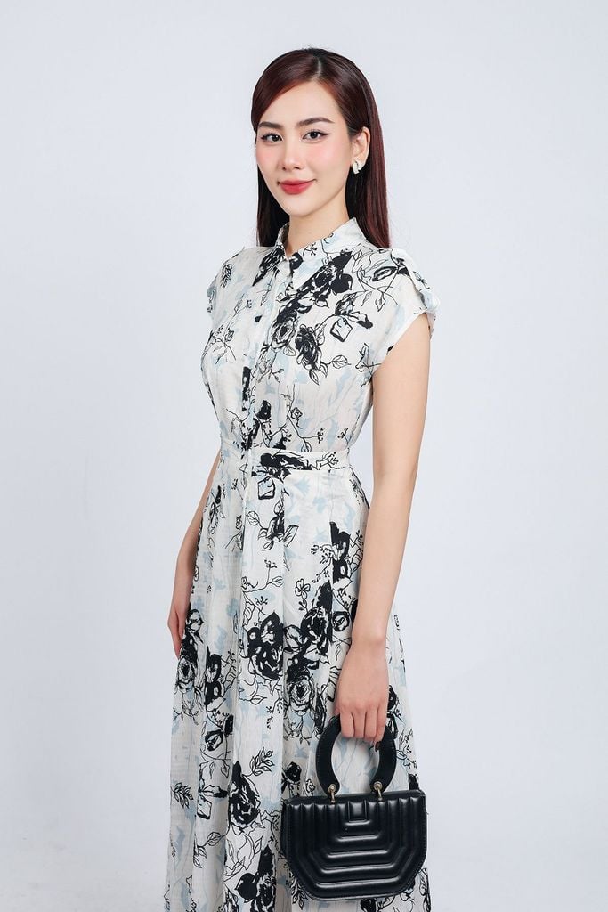 FDC35003 - Đầm công sở vải phi cát dáng suông cổ đức vai chờm cài khuy thân trước - PANTIO