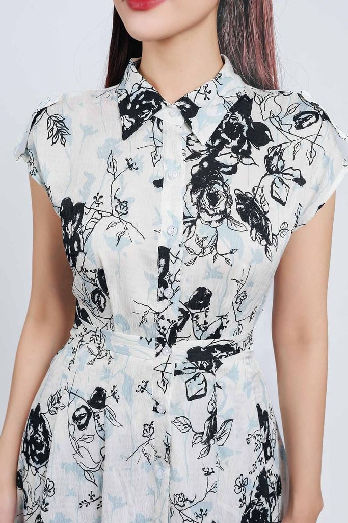 FDC35003 - Đầm công sở vải phi cát dáng suông cổ đức vai chờm cài khuy thân trước - PANTIO