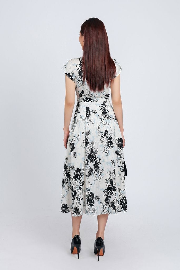 FDC35003 - Đầm công sở vải phi cát dáng suông cổ đức vai chờm cài khuy thân trước - PANTIO