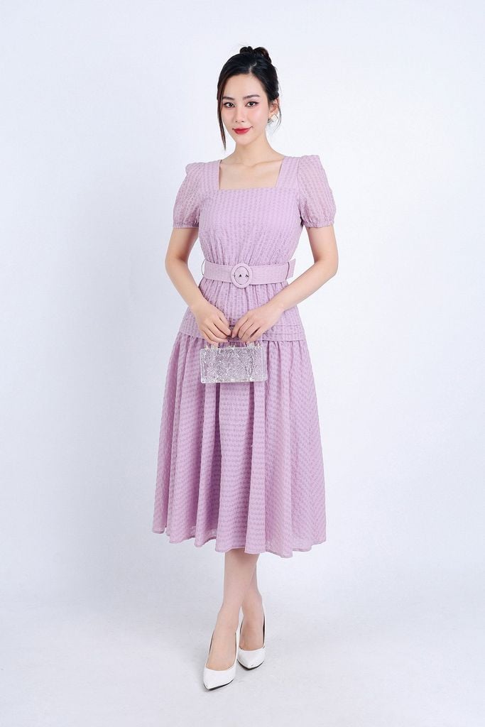 FDC35007 - Đầm công sở vải thô hai lớp lót habutai dáng xoè dài cổ vuông eo bo chun đáp cạp bản to xếp nhún tạo kiểu kèm dây đai váy - PANTIO