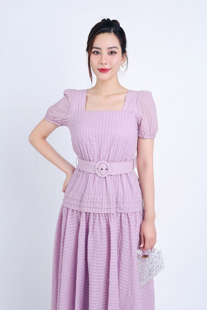 FDC35007 - Đầm công sở vải thô hai lớp lót habutai dáng xoè dài cổ vuông eo bo chun đáp cạp bản to xếp nhún tạo kiểu kèm dây đai váy - PANTIO
