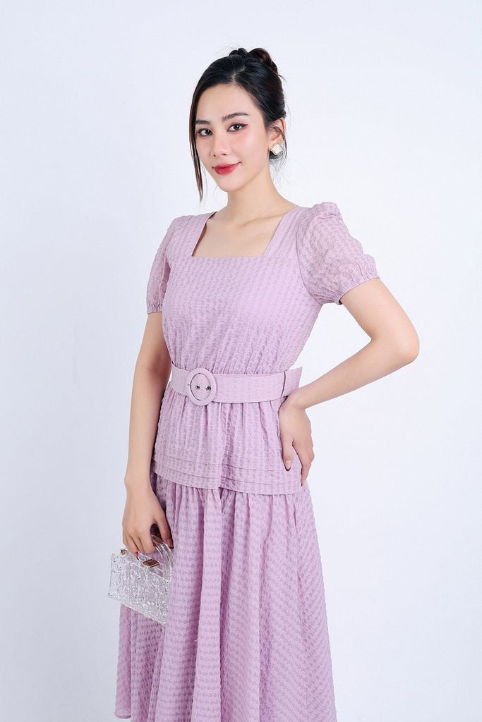 FDC35007 - Đầm công sở vải thô hai lớp lót habutai dáng xoè dài cổ vuông eo bo chun đáp cạp bản to xếp nhún tạo kiểu kèm dây đai váy - PANTIO