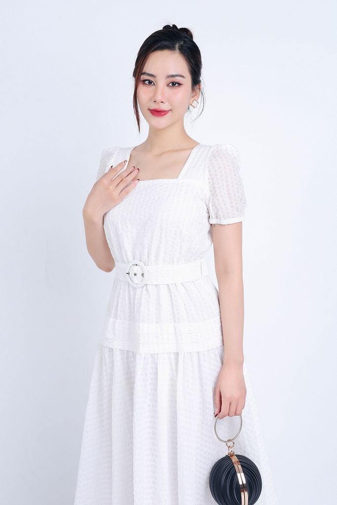 FDC35007 - Đầm công sở vải thô hai lớp lót habutai dáng xoè dài cổ vuông eo bo chun đáp cạp bản to xếp nhún tạo kiểu kèm dây đai váy - PANTIO