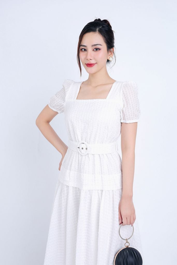FDC35007 - Đầm công sở vải thô hai lớp lót habutai dáng xoè dài cổ vuông eo bo chun đáp cạp bản to xếp nhún tạo kiểu kèm dây đai váy - PANTIO