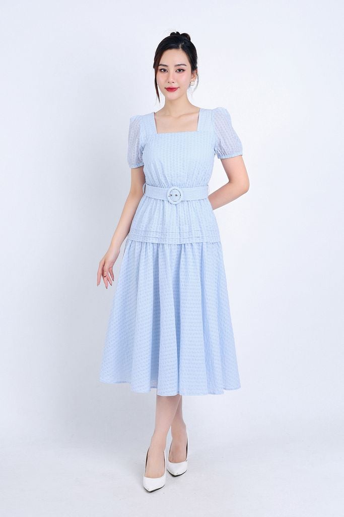 FDC35007 - Đầm công sở vải thô hai lớp lót habutai dáng xoè dài cổ vuông eo bo chun đáp cạp bản to xếp nhún tạo kiểu kèm dây đai váy - PANTIO