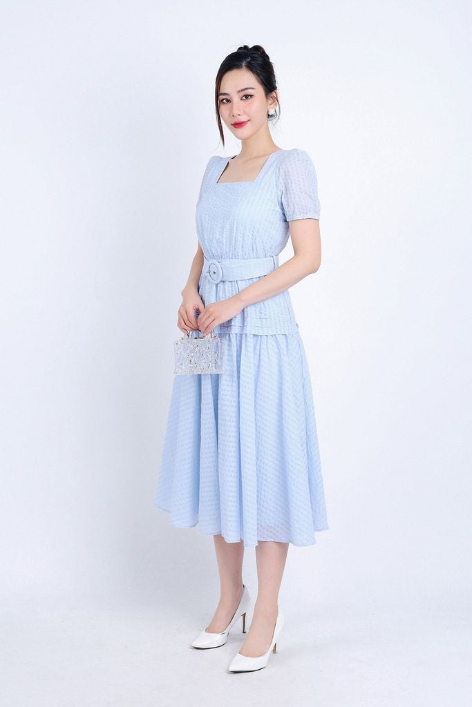 FDC35007 - Đầm công sở vải thô hai lớp lót habutai dáng xoè dài cổ vuông eo bo chun đáp cạp bản to xếp nhún tạo kiểu kèm dây đai váy - PANTIO