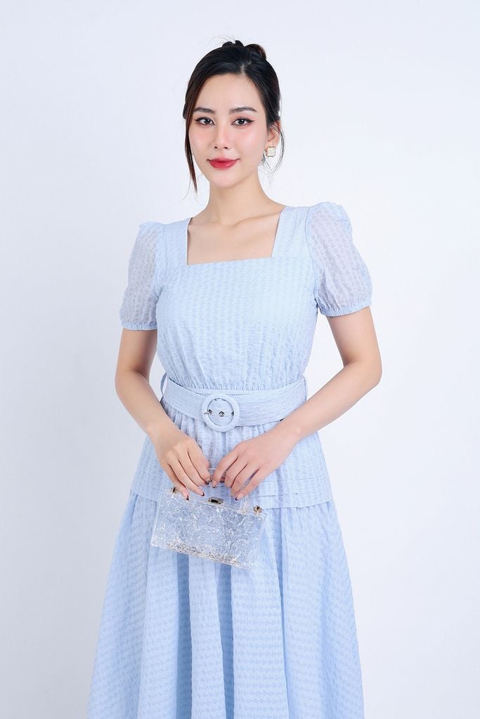 FDC35007 - Đầm công sở vải thô hai lớp lót habutai dáng xoè dài cổ vuông eo bo chun đáp cạp bản to xếp nhún tạo kiểu kèm dây đai váy - PANTIO