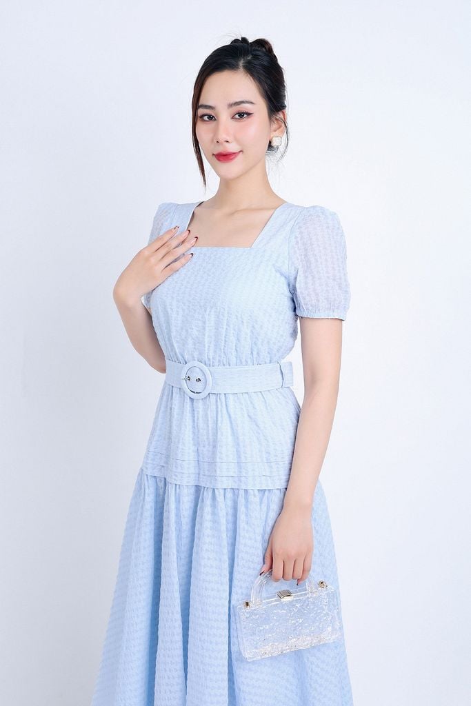 FDC35007 - Đầm công sở vải thô hai lớp lót habutai dáng xoè dài cổ vuông eo bo chun đáp cạp bản to xếp nhún tạo kiểu kèm dây đai váy - PANTIO